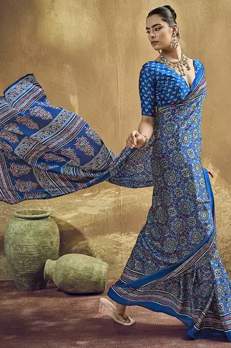 royal blue faux satin printed saree