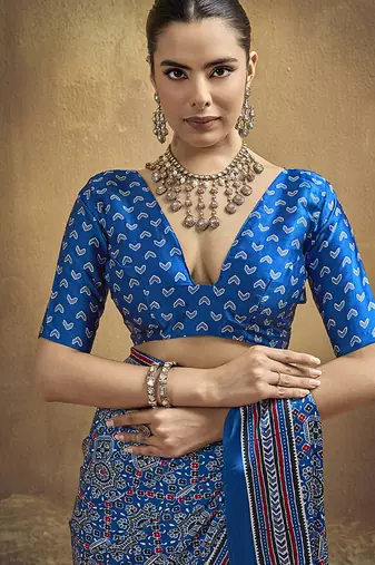 royal blue faux satin printed saree