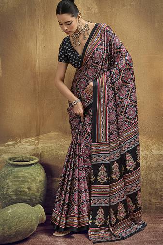 black pink faux satin printed saree