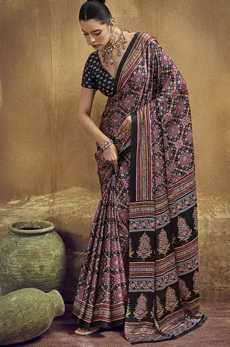black pink faux satin printed saree