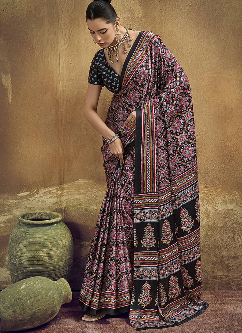 black pink faux satin printed saree
