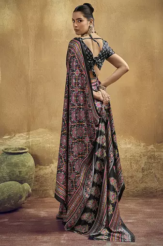 black pink faux satin printed saree