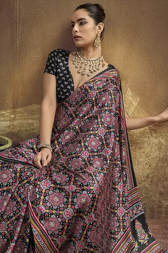 black pink faux satin printed saree