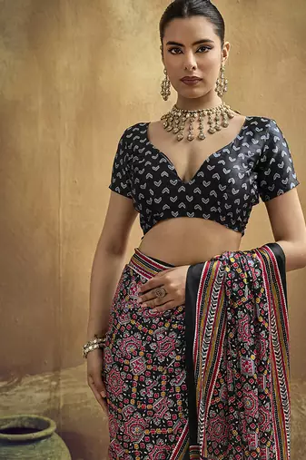 black pink faux satin printed saree