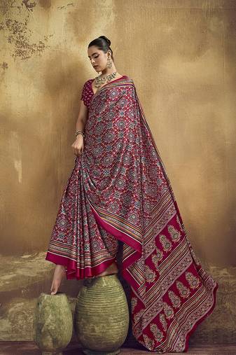 maroon pink faux satin printed saree
