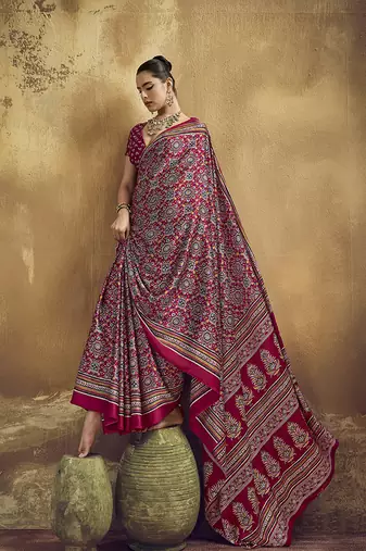 maroon pink faux satin printed saree