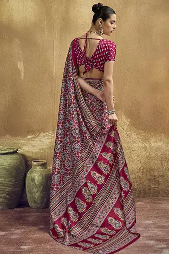 maroon pink faux satin printed saree