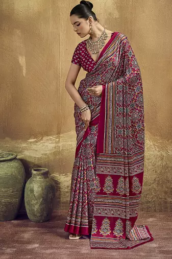 maroon pink faux satin printed saree