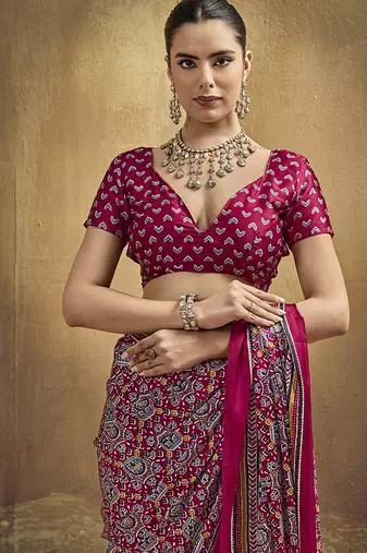 maroon pink faux satin printed saree