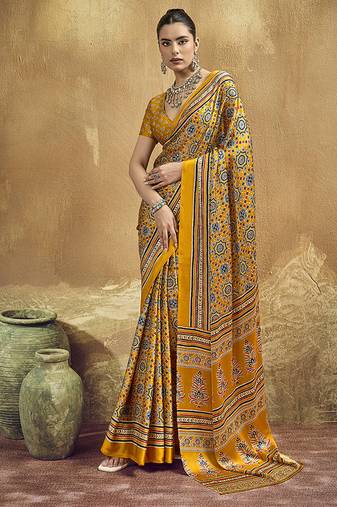 Mustard pink faux satin printed ajrakh saree with rich  border print