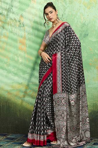 black faux satin print saree
