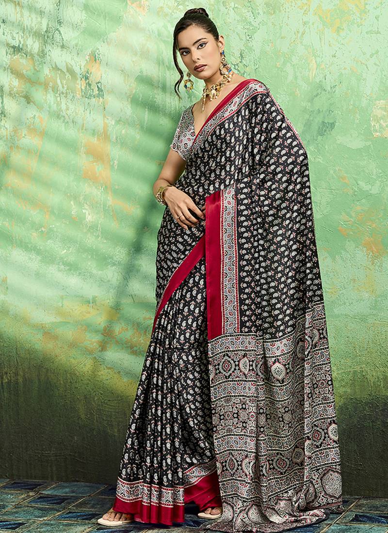 black faux satin print saree