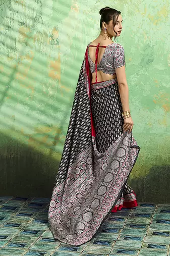 black faux satin print saree