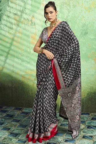 black faux satin print saree