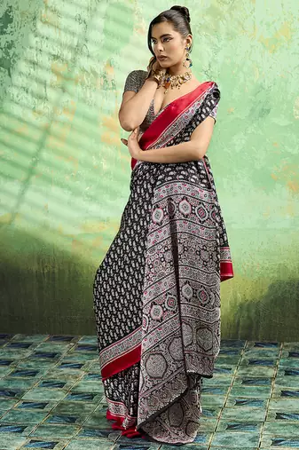 black faux satin print saree