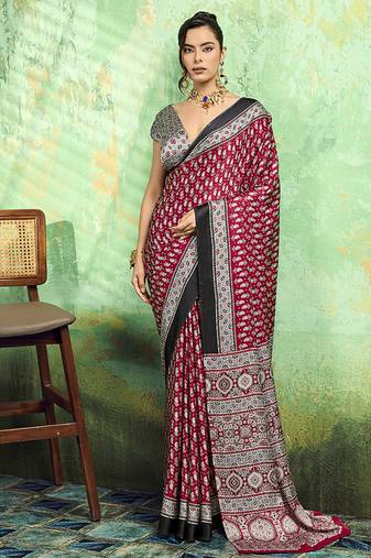 maroon faux satin print saree