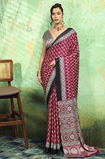 maroon faux satin print saree