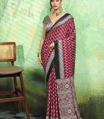 maroon faux satin print saree