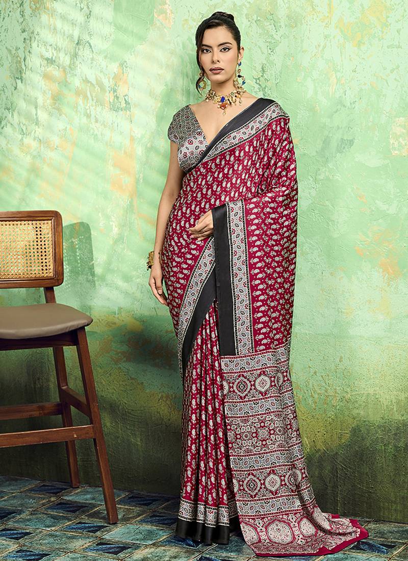 maroon faux satin print saree