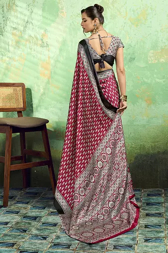 maroon faux satin print saree