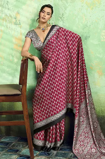 maroon faux satin print saree