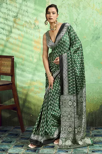 green faux satin print saree