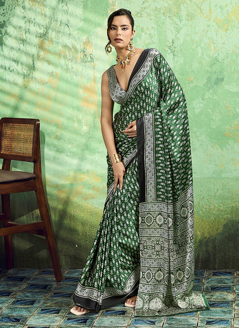 green faux satin print saree
