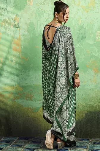green faux satin print saree