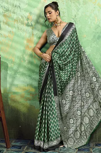 green faux satin print saree