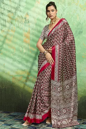 brown faux satin print saree