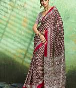 brown faux satin print saree