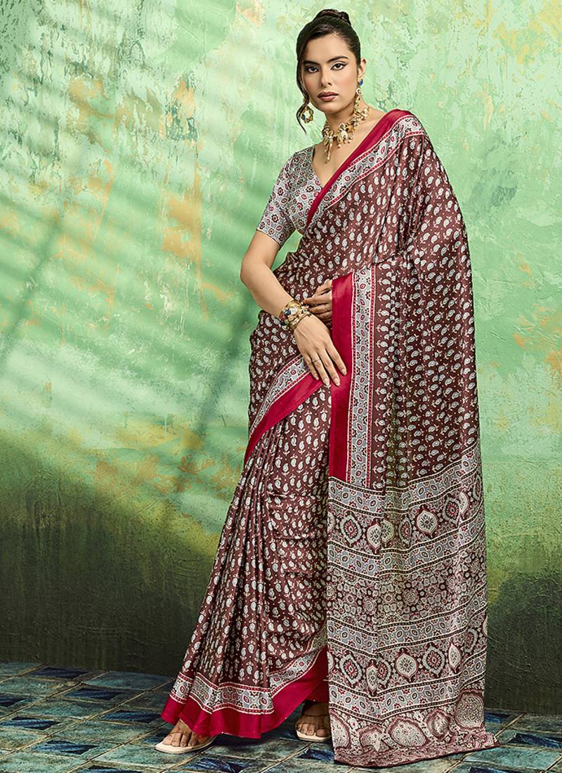 brown faux satin print saree