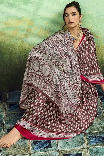 brown faux satin print saree