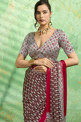 brown faux satin print saree