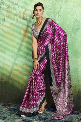magenta faux satin print saree