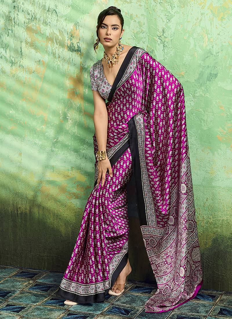magenta faux satin print saree