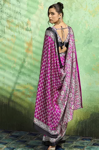 magenta faux satin print saree