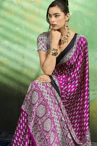 magenta faux satin print saree