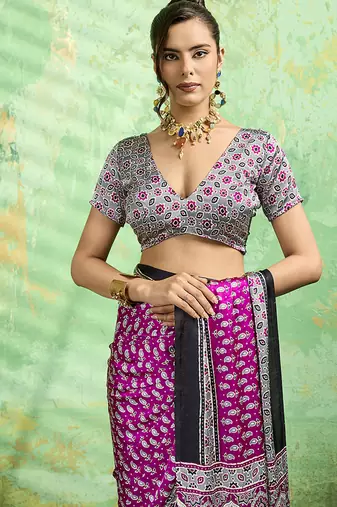 magenta faux satin print saree