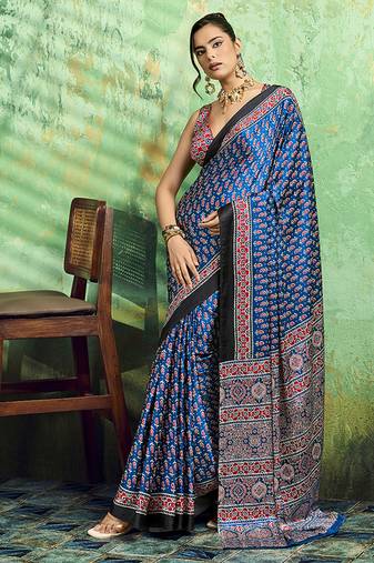 blue faux satin print saree