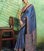 blue faux satin print saree