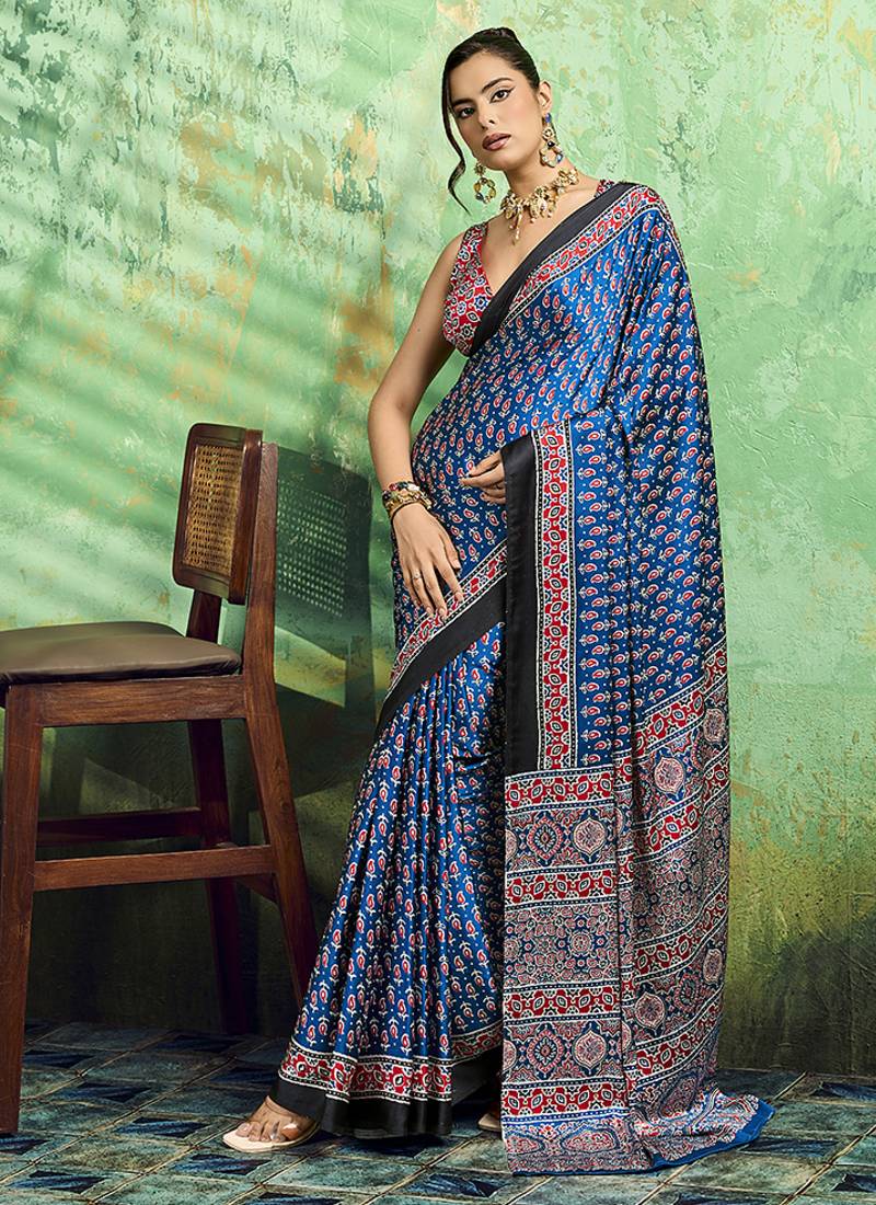 blue faux satin print saree