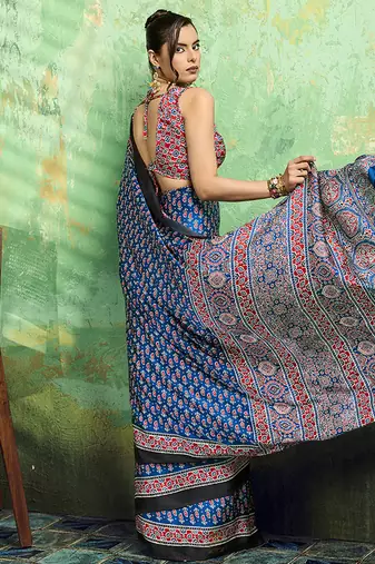blue faux satin print saree