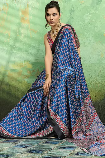 blue faux satin print saree