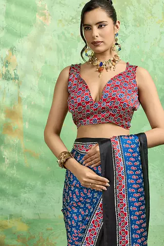 blue faux satin print saree