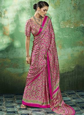 hot pink faux satin printed saree 1