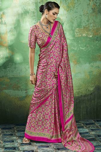 hot pink faux satin printed saree