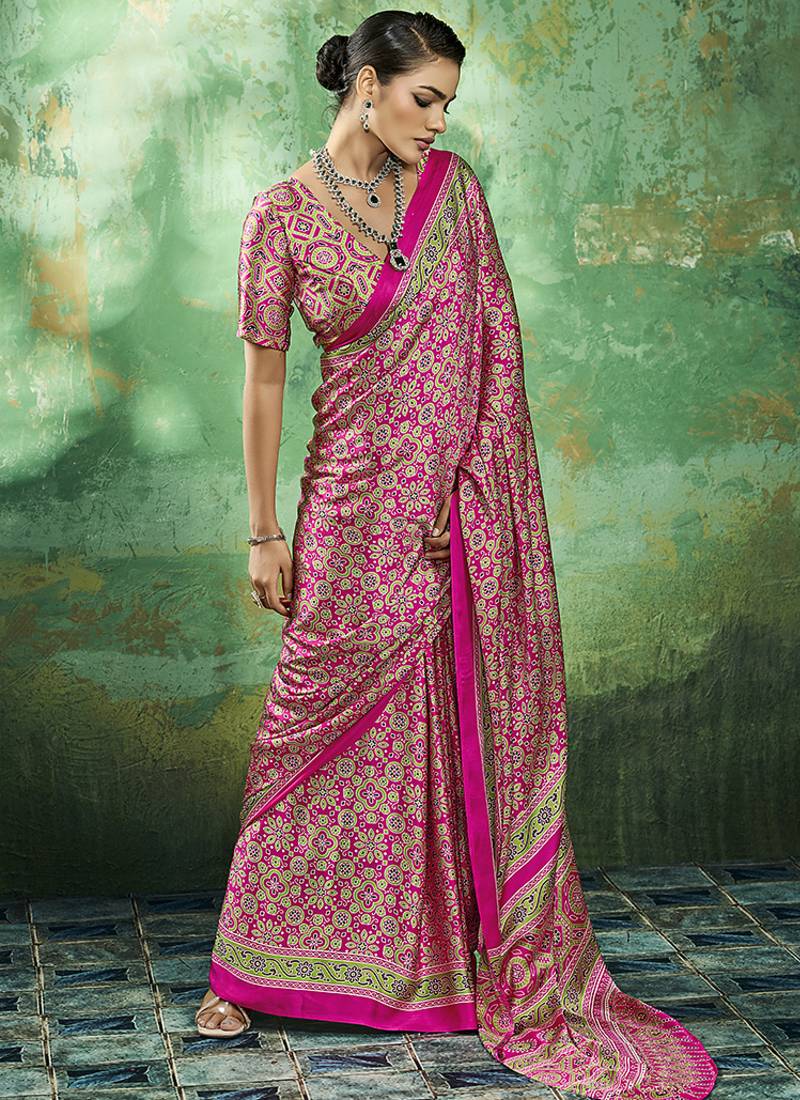 hot pink faux satin printed saree