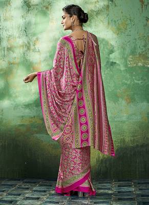 hot pink faux satin printed saree 2