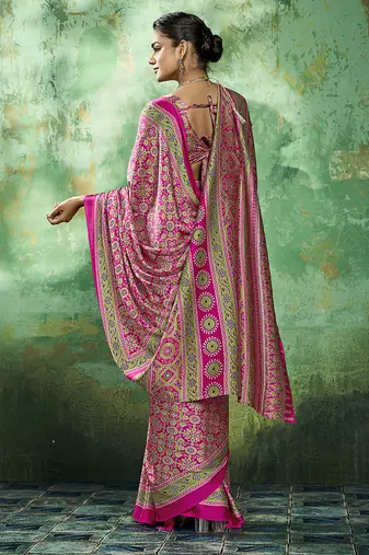 hot pink faux satin printed saree